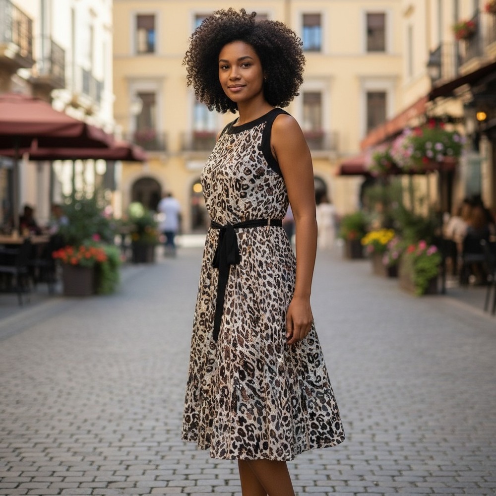 Perceptions NWT Leopard Print Midi Dress Sleeveless Belted A-Line 18 Work Outfit